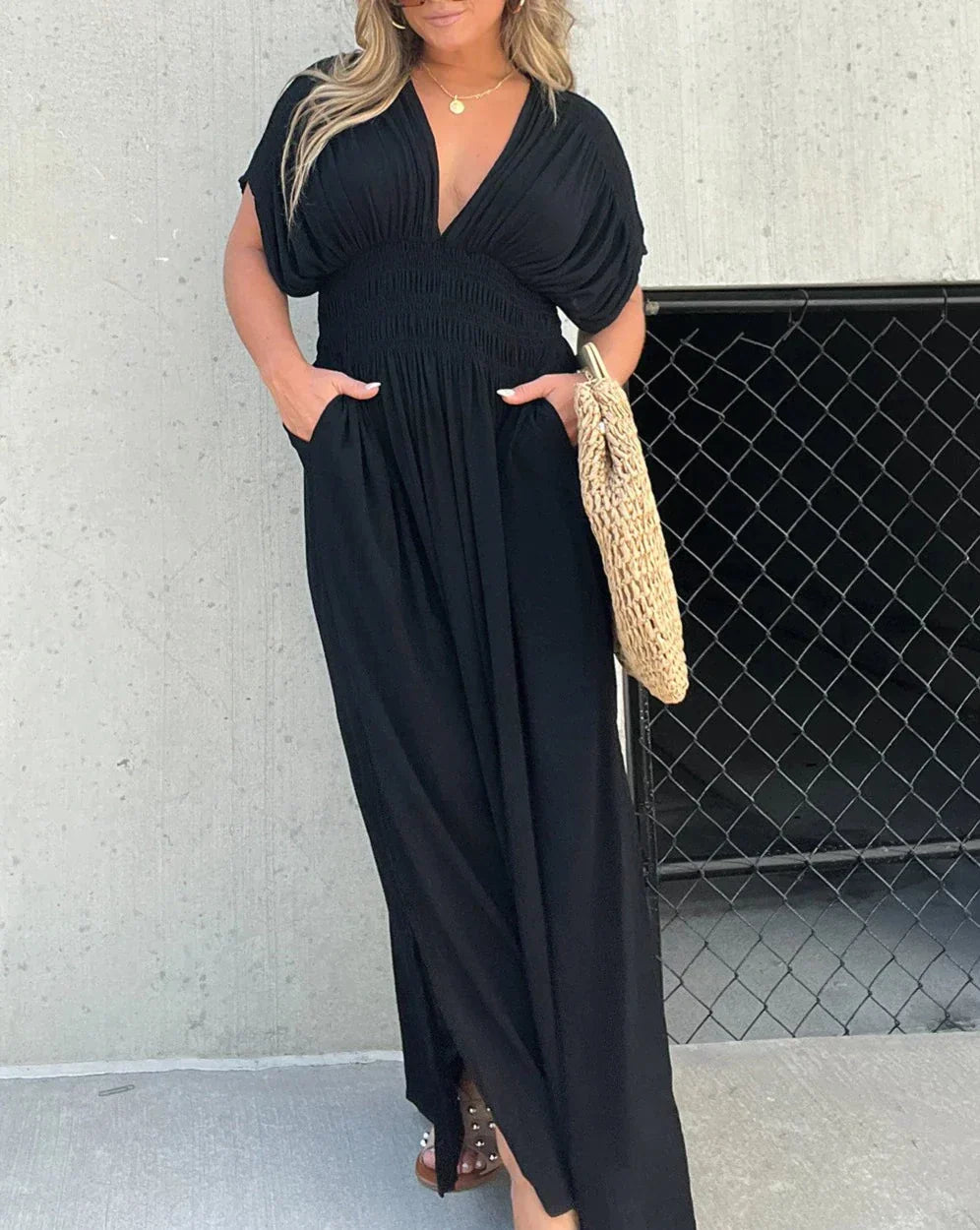 Mabel® | Elasticated V-Neck Maxi Dress