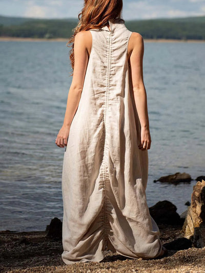 Elise | Stand Collar Pleated Linen Maxi Dress