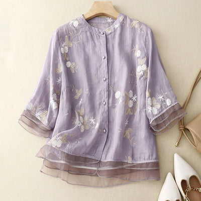 Abigail® | Linen Floral Chinese Style Loose Blouse Half Sleeve