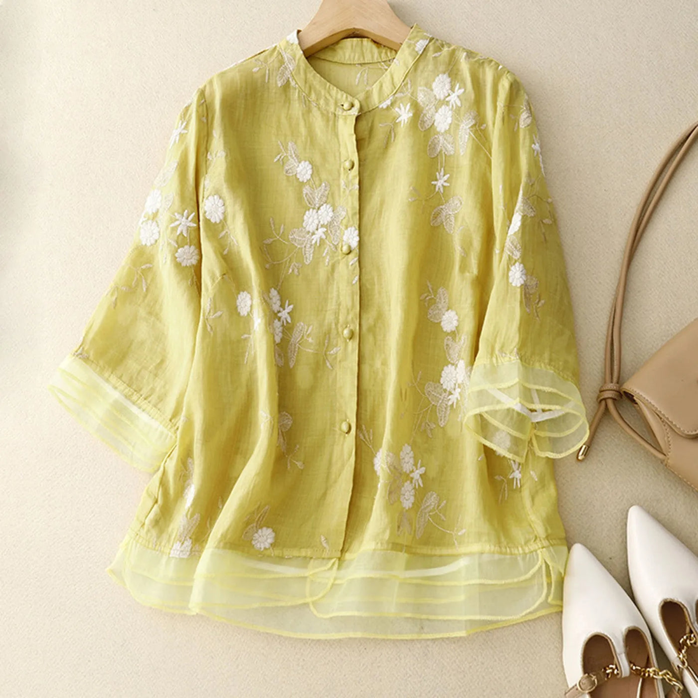 Abigail® | Linen Floral Chinese Style Loose Blouse Half Sleeve