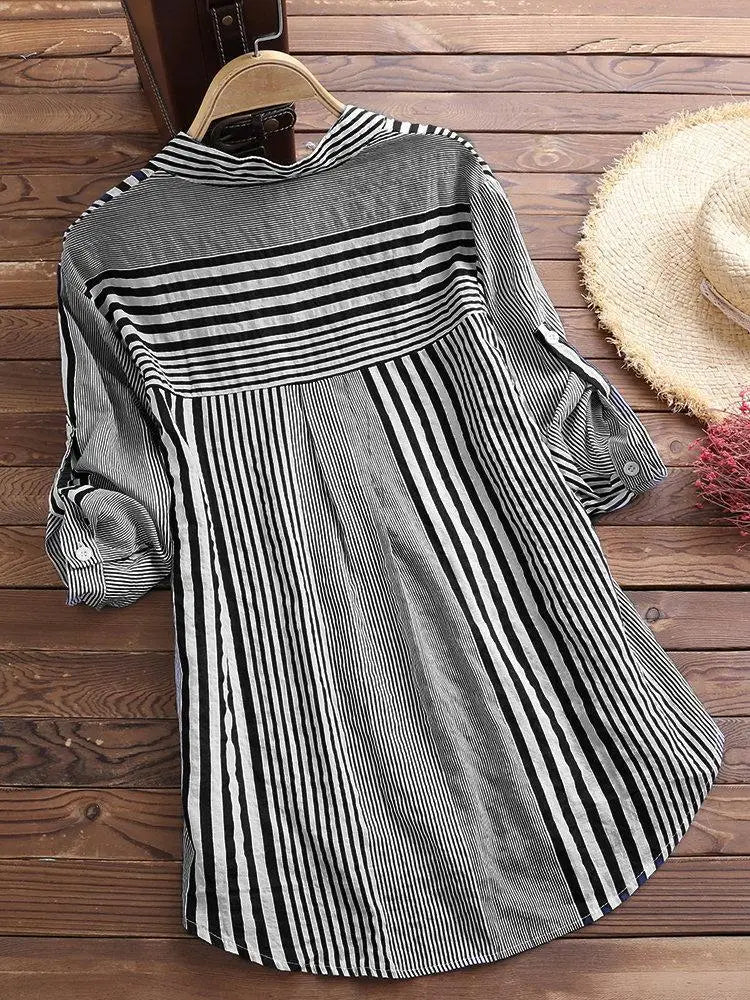 Emma® | Linen Long Sleeves Roll Up Striped Casual V Neck Blouses