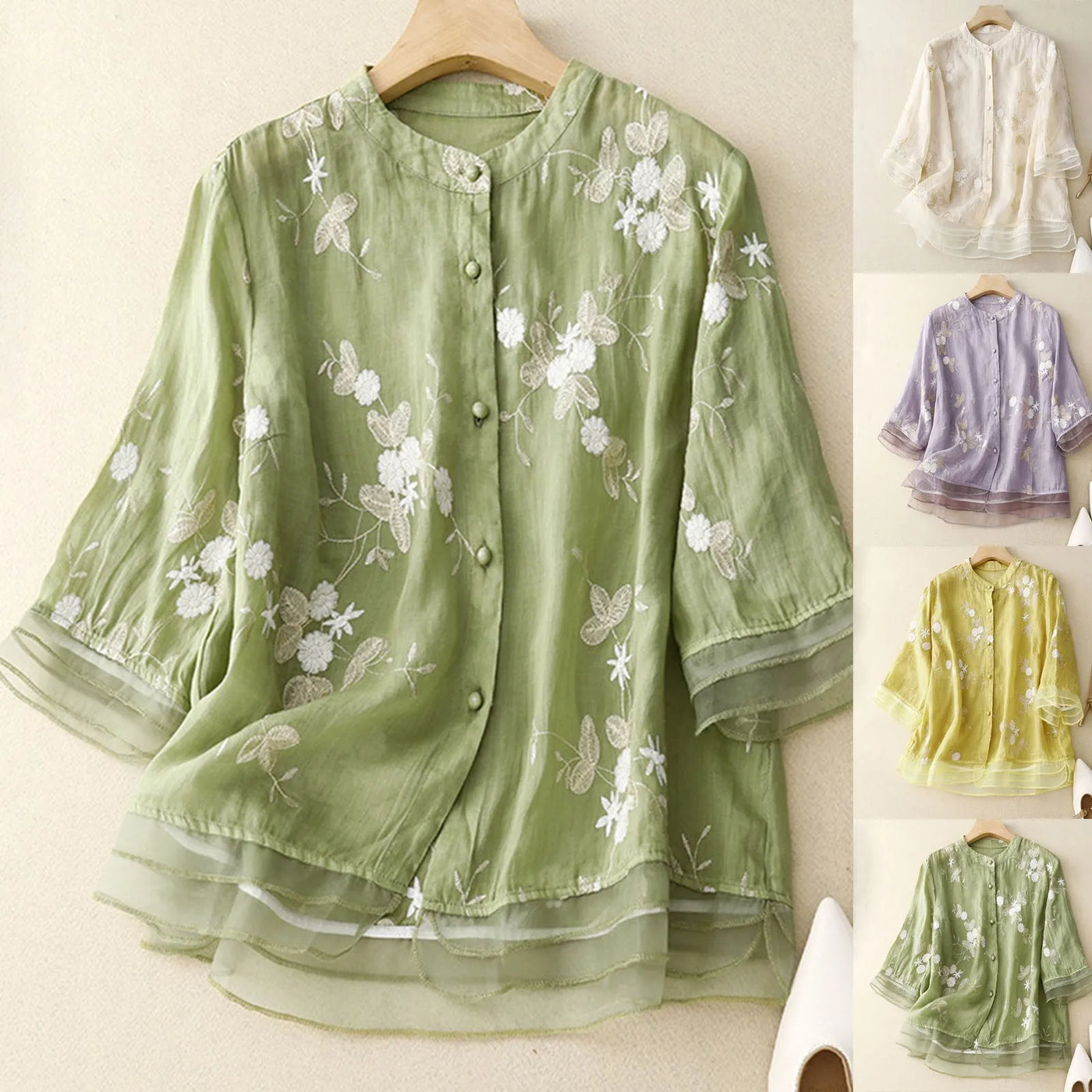 Abigail® | Linen Floral Chinese Style Loose Blouse Half Sleeve