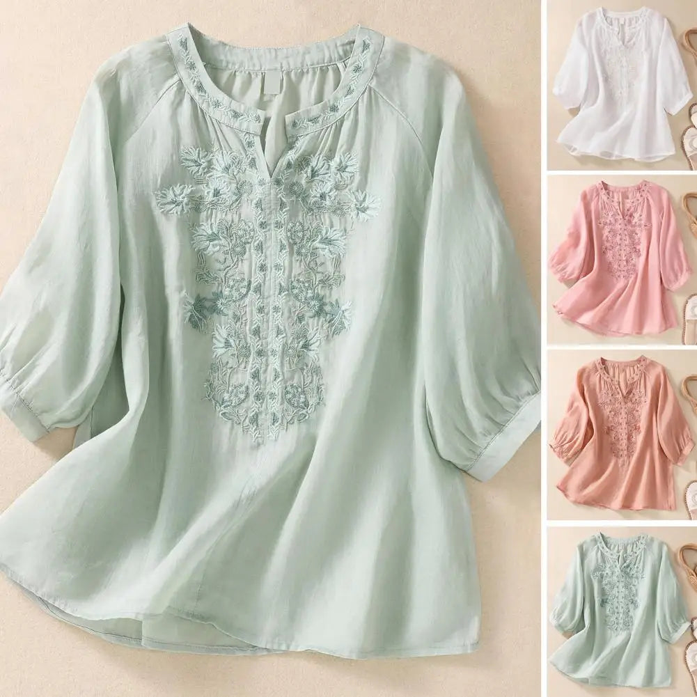 Charlotte® | Premium Embroidered Cotton-Linen Blouse