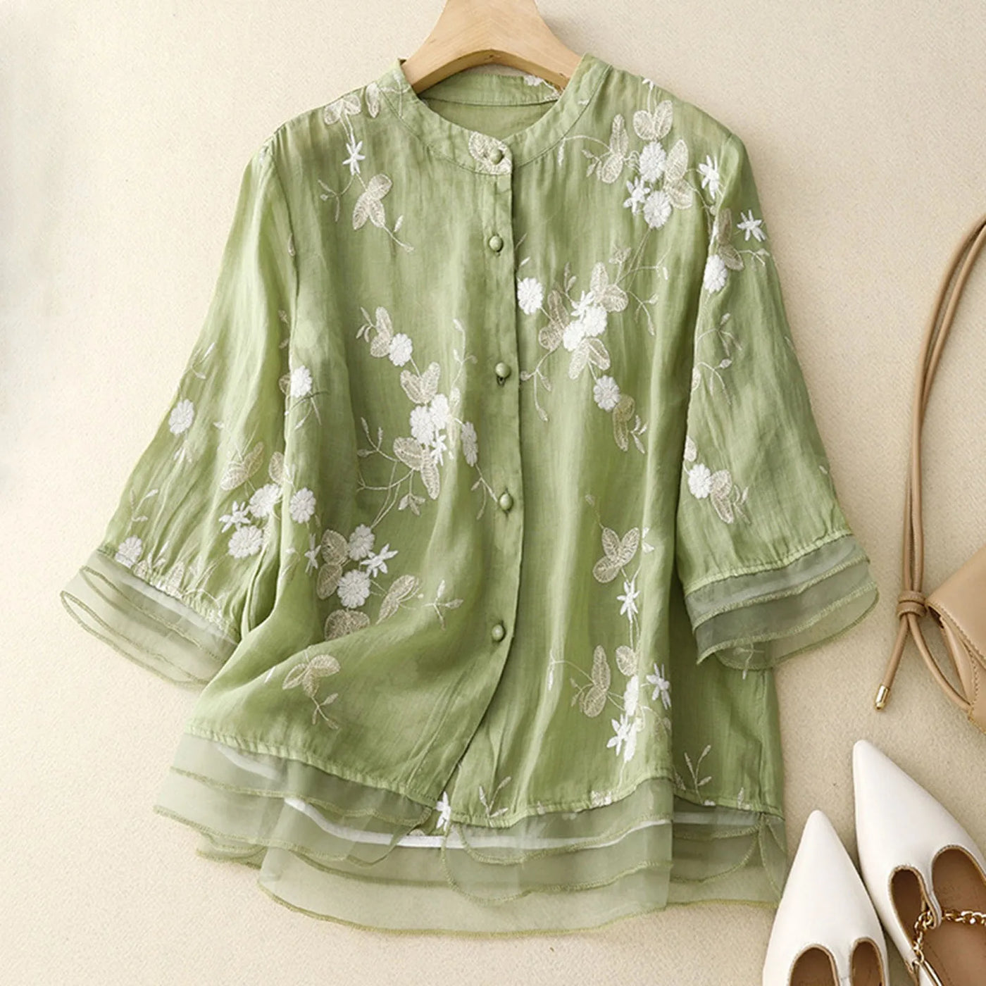 Abigail® | Linen Floral Chinese Style Loose Blouse Half Sleeve