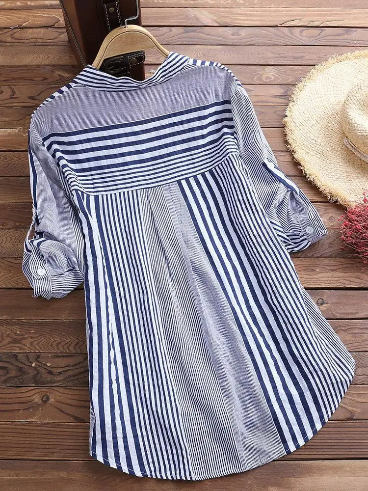 Emma® | Linen Long Sleeves Roll Up Striped Casual V Neck Blouses