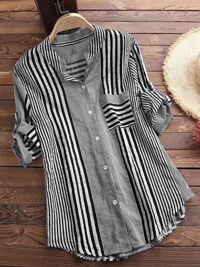 Emma® | Linen Long Sleeves Roll Up Striped Casual V Neck Blouses