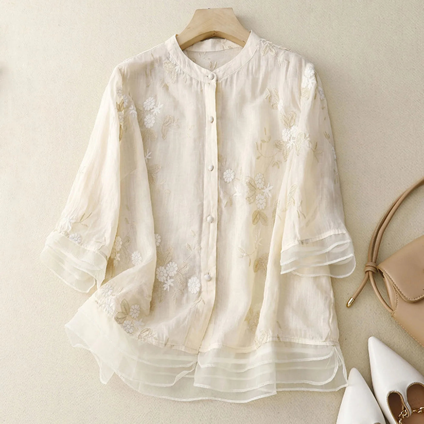 Abigail® | Linen Floral Chinese Style Loose Blouse Half Sleeve