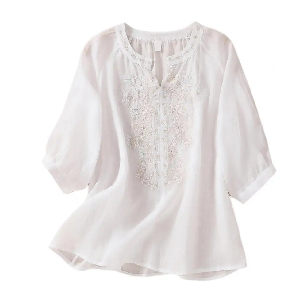 Charlotte® | Premium Embroidered Cotton-Linen Blouse