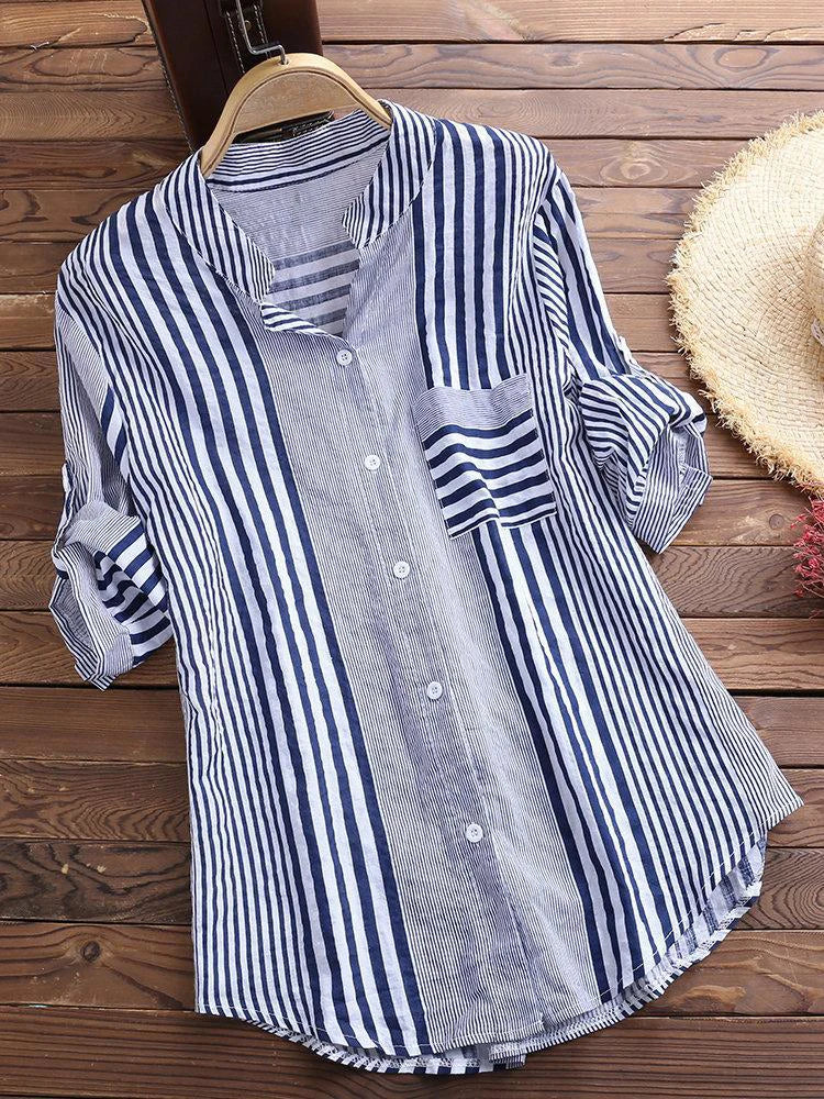 Emma® | Linen Long Sleeves Roll Up Striped Casual V Neck Blouses