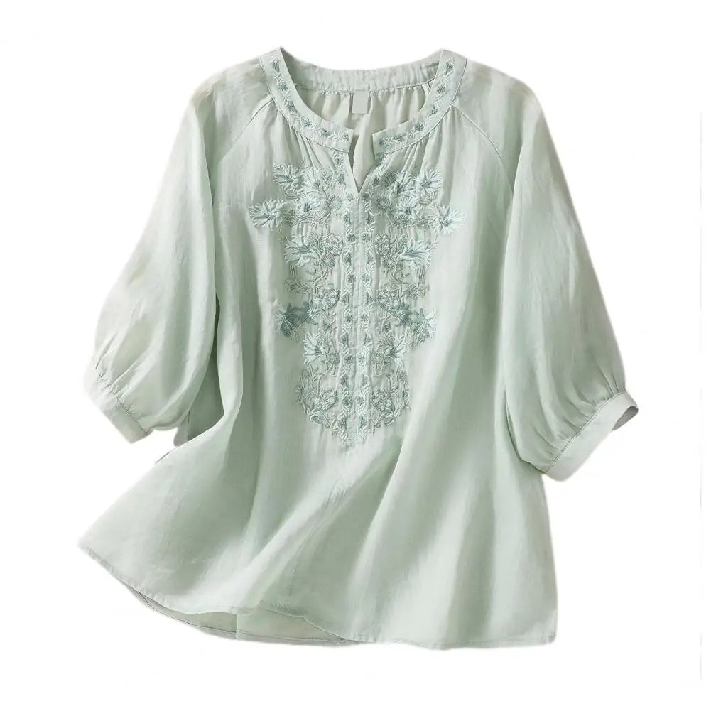 Charlotte® | Premium Embroidered Cotton-Linen Blouse